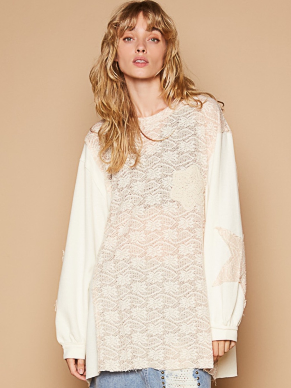 POL Cream Lace Mixed Media Oversized Tunic Top NWOT